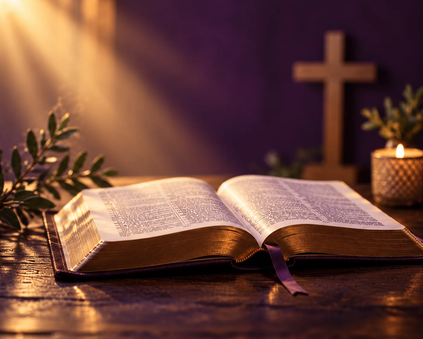 An open Bible in warm light, with a cross and candle behind it